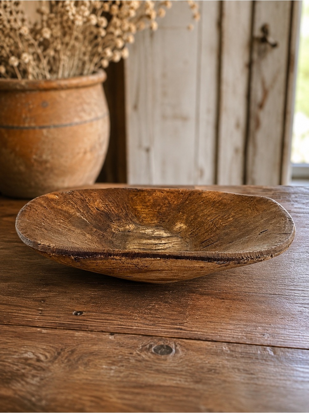 Vintage Primitive Hand Carved Wood Dough Bowl Rustic Farmhouse 15” Kitchen